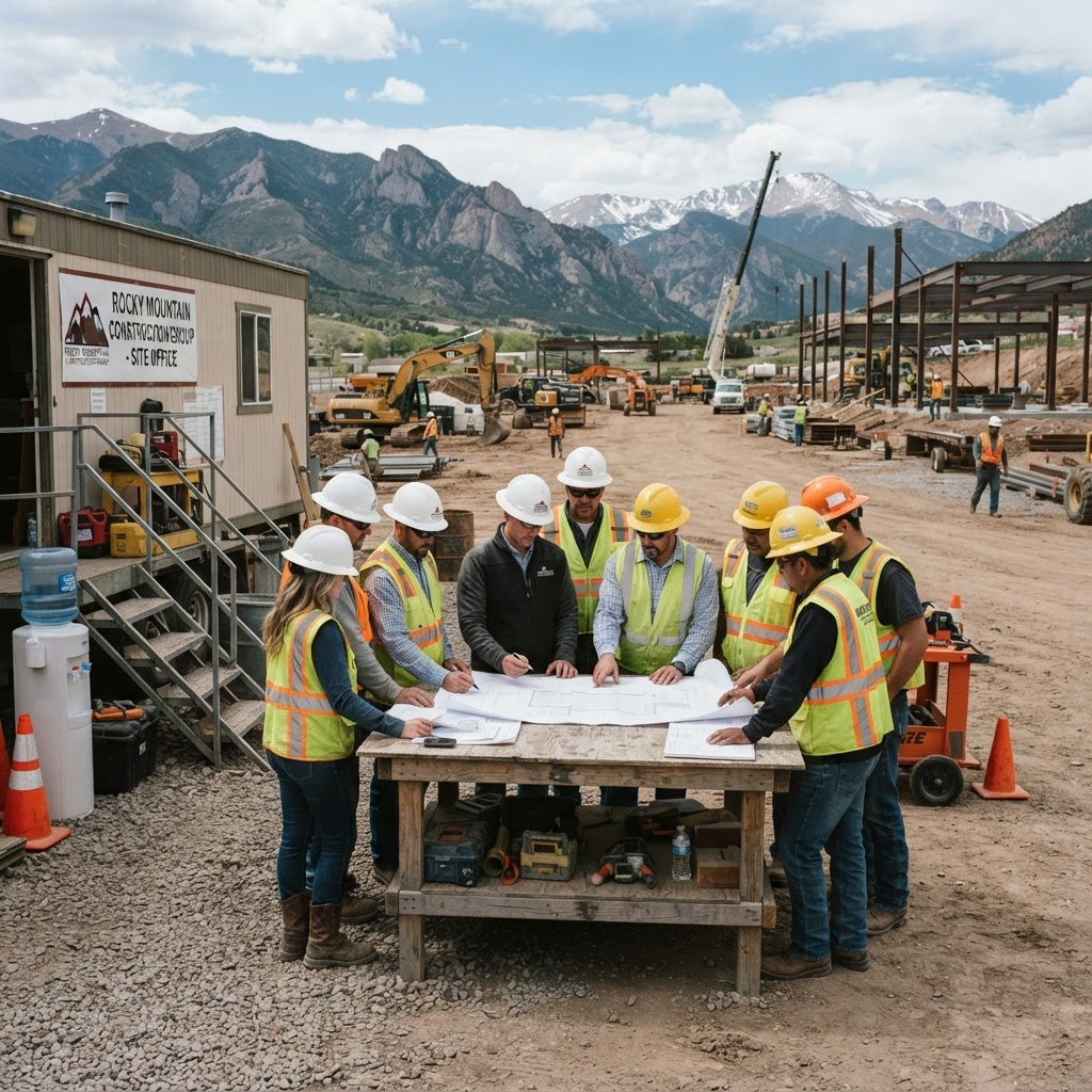 The RMFryConstruct team collaborating at a Colorado job site